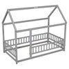 Twin Size Floor Wooden Bed With House Roof Frame, Fence Guardrails - Gray