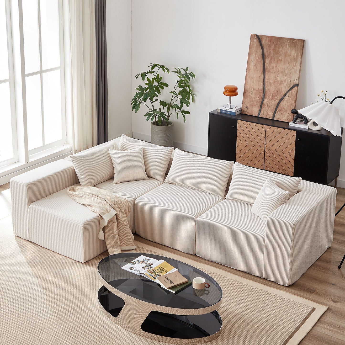 Corduroy Modular L Shaped Sectional Sofa, Luxury Floor Couch Set, 4 Piece Free Combination - Beige