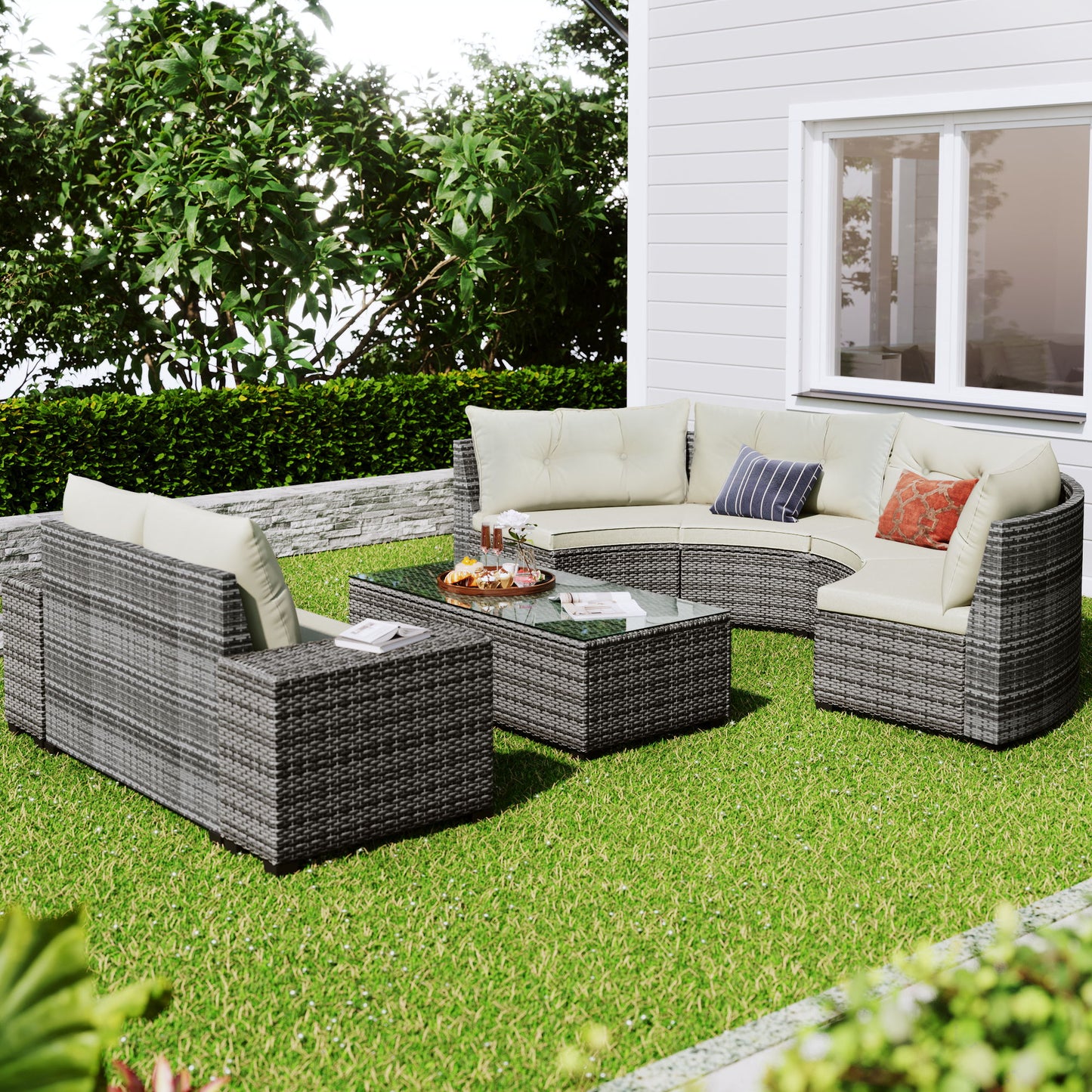 8 Pieces Outdoor Wicker Round Sofa Set, Half-Moon Sectional Sets All Weather, Curved Sofa Set With Rectangular Coffee Table, PE Rattan Water-Resistant And UV Protected, Movable Cushion - Beige