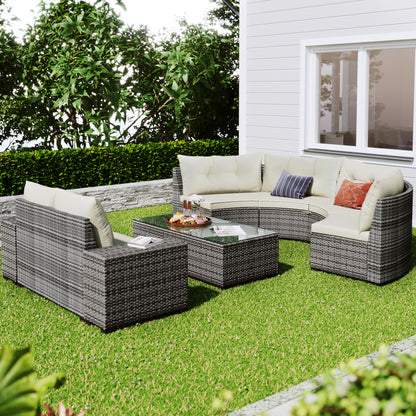 8 Pieces Outdoor Wicker Round Sofa Set, Half-Moon Sectional Sets All Weather, Curved Sofa Set With Rectangular Coffee Table, PE Rattan Water-Resistant And UV Protected, Movable Cushion - Beige