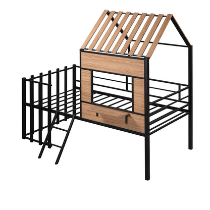 Twin Size Loft Bed With Roof, Window, Guardrail, Ladder - Black