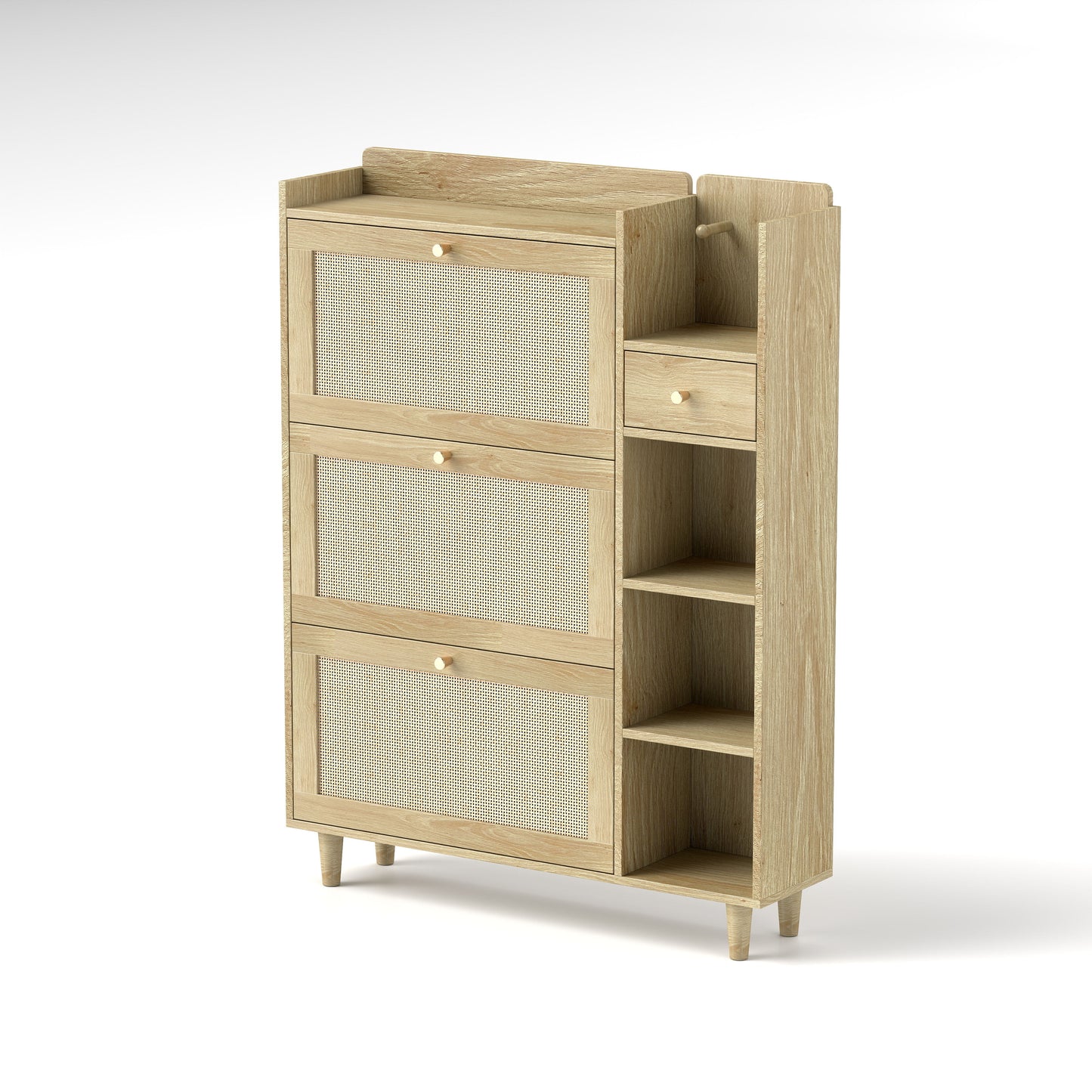 Natural Bohemia Style Shoe Cabinet, Shoe Rack Cabinet With 3 Rattan Flip Drawers, 3 Square Shelves And 1 Storage Drawer, Shoe Organizer With Mulit Storage Space And Hooks For Hallway, Entryway - Natural
