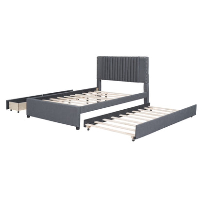 Full Size Upholstered Platform Bed With 2 Drawers And 1 Twin Size Trundle, Classic Headboard Design - Gray