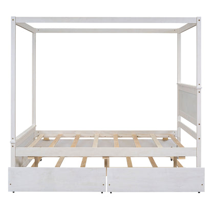 Full Size Canopy Platform Bed With Trundle Bed And 2 Drawers, Support Slats, No Box Spring Needed - Brushed White