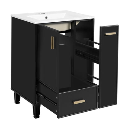 Modern Solid Wood And 24" Bathroom Vanity With Sink, Deep Drawer, Door Shelf, 2 Tier Basket - Black