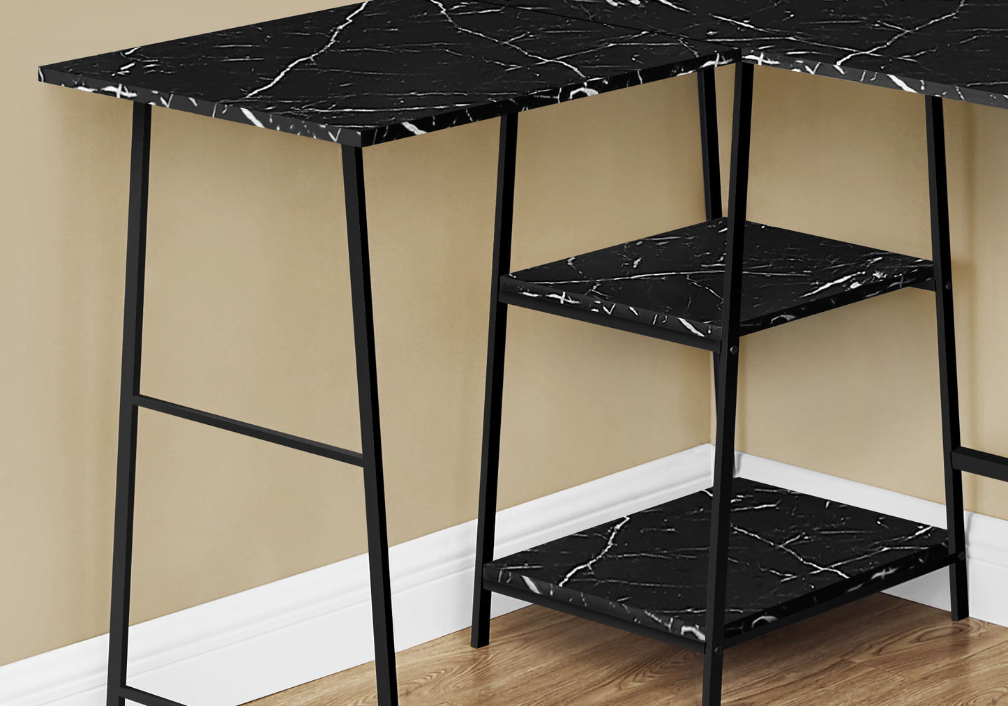 Computer Desk, Home Office, Corner, Storage Shelves, L-Shape, Work, Laptop, Marble Look Laminate, Contemporary, Modern - Black