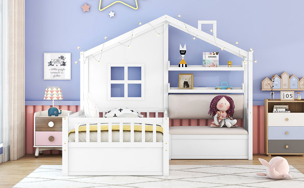 Twin Size House Bed With Sofa, Kids Platform Bed With 2 Drawers And Storage Shelf - White
