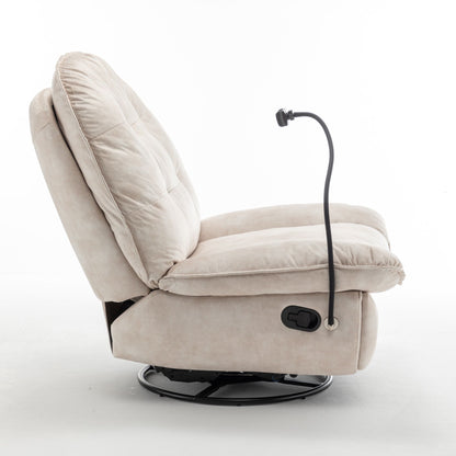 Modern Swivel Gliding Recliner Chair With Rocking Function And Phone Holder - Large Comfortable Reading Chair In Gold Stamped Velvet - Ivory