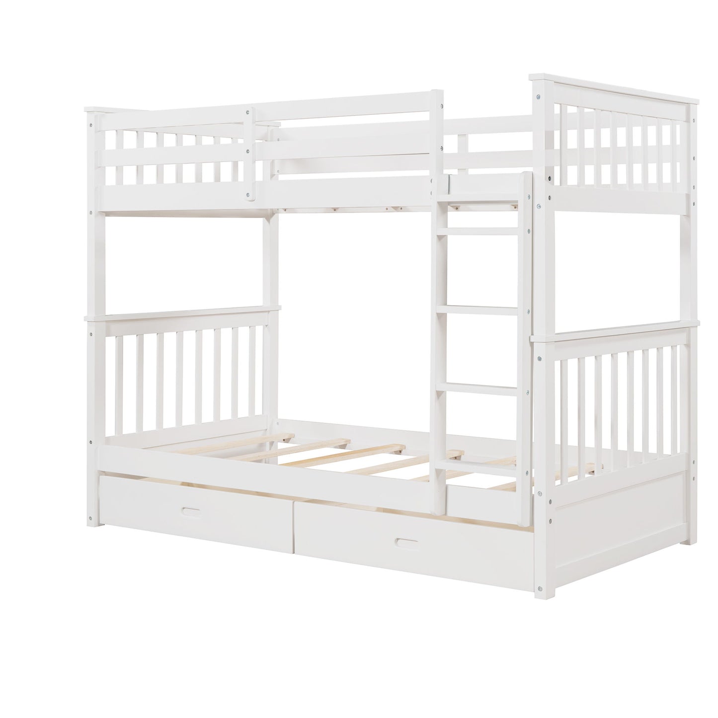 Twin Over Twin Bunk Bed With Ladders And 2 Storage Drawers - White