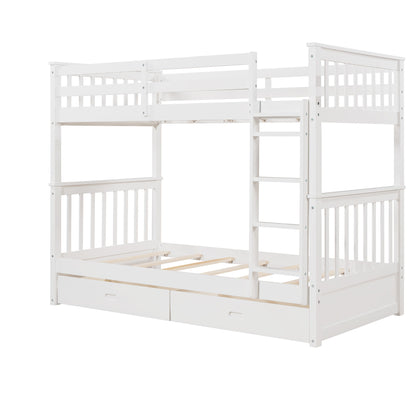 Twin Over Twin Bunk Bed With Ladders And 2 Storage Drawers - White