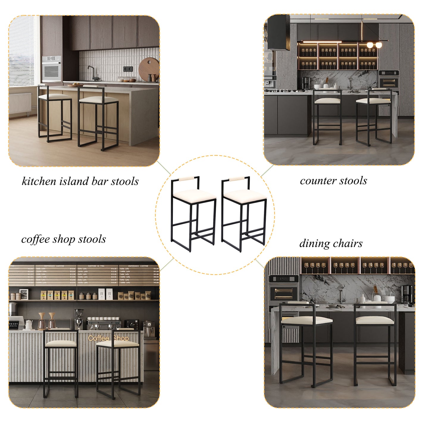 Modern Upholstered Bar Stools Set With Metal Frame For Counter Or Kitchen Island - Beige