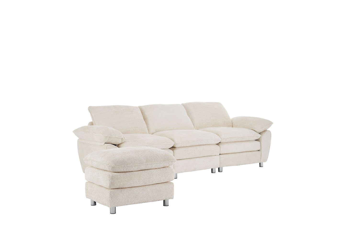 Modern Deep 3 Seat Sofa Couch With Ottoman, Polyester Sofa Sleeper Comfy Upholstered Furniture For Living Room - Beige