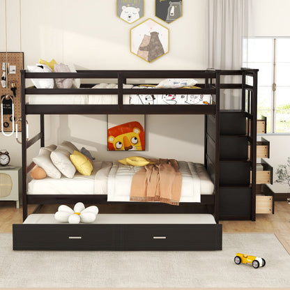 Full Over Full Bunk Bed With Twin Size Trundle And Staircase - Espresso