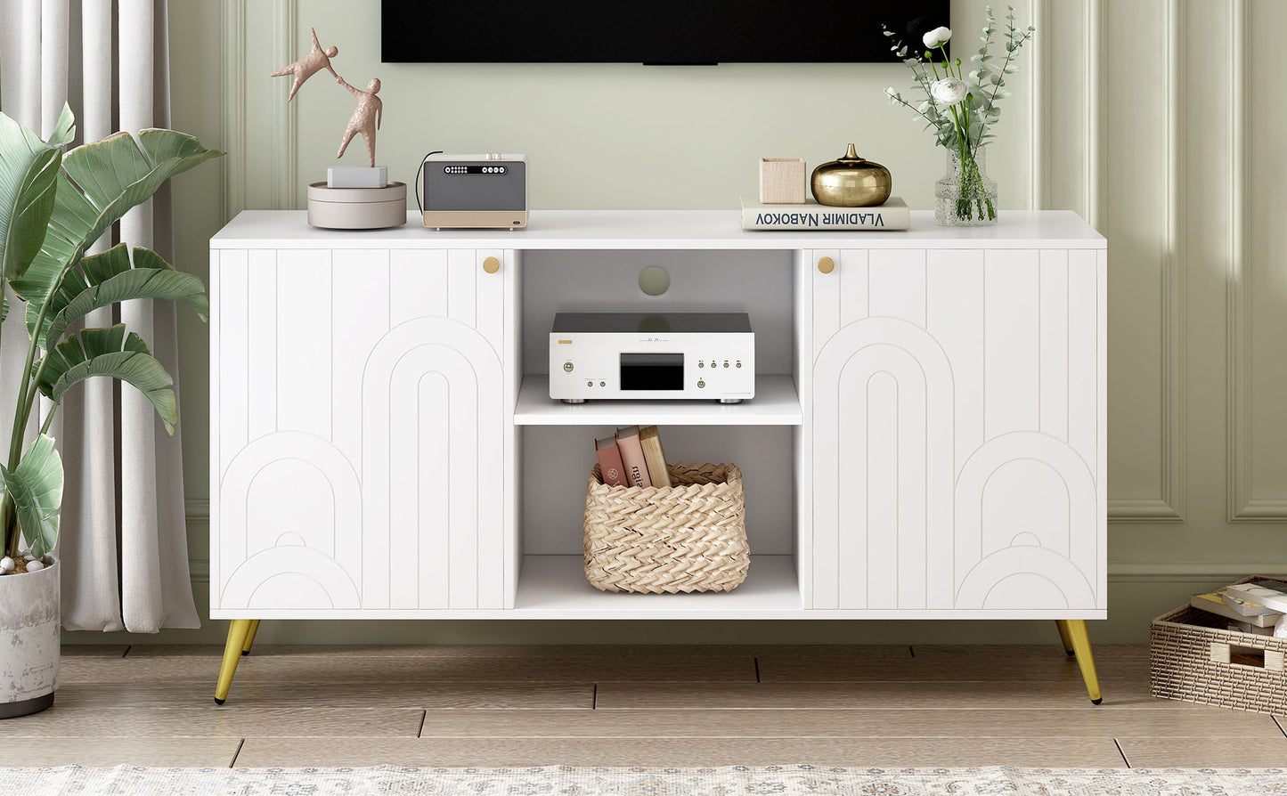 Modern TV Stand For TVs Up To 55", Entertainment Center Media Console, Adjustable Shelf, Metal Legs, Handles And Anti-Tip Device For Living Room - White