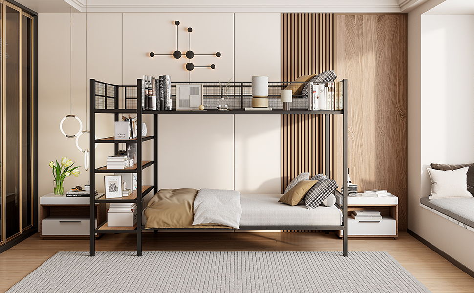 Twin Over Full Bunk Bed With 5 Tier Shelves - Black