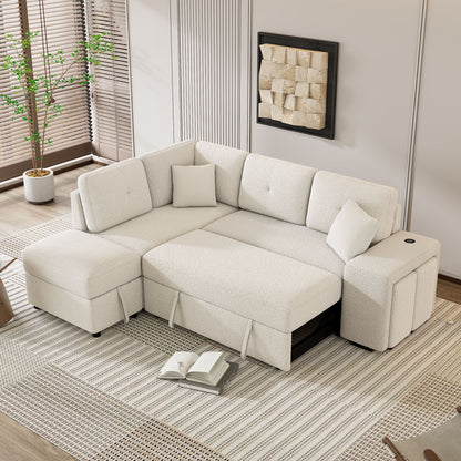 Convertible Sleeper, Sectional Pull Out Sofa Bed With Storage Ottoman, 2 Throw Pillows, 2 Stools, Wireless Charger And Two Hidden USB Ports For Living Room - Cream