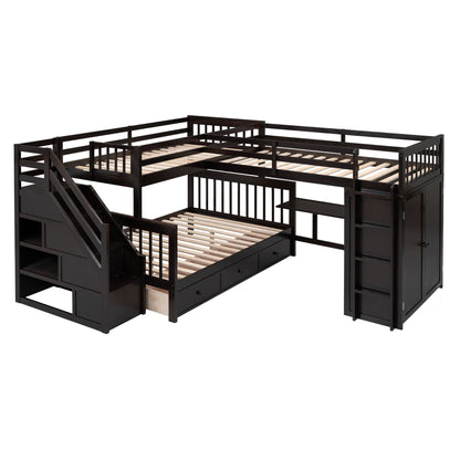 Twin Twin Over Full L Shaped Bunk Bed With 3 Drawers, Portable Desk And Wardrobe - Espresso