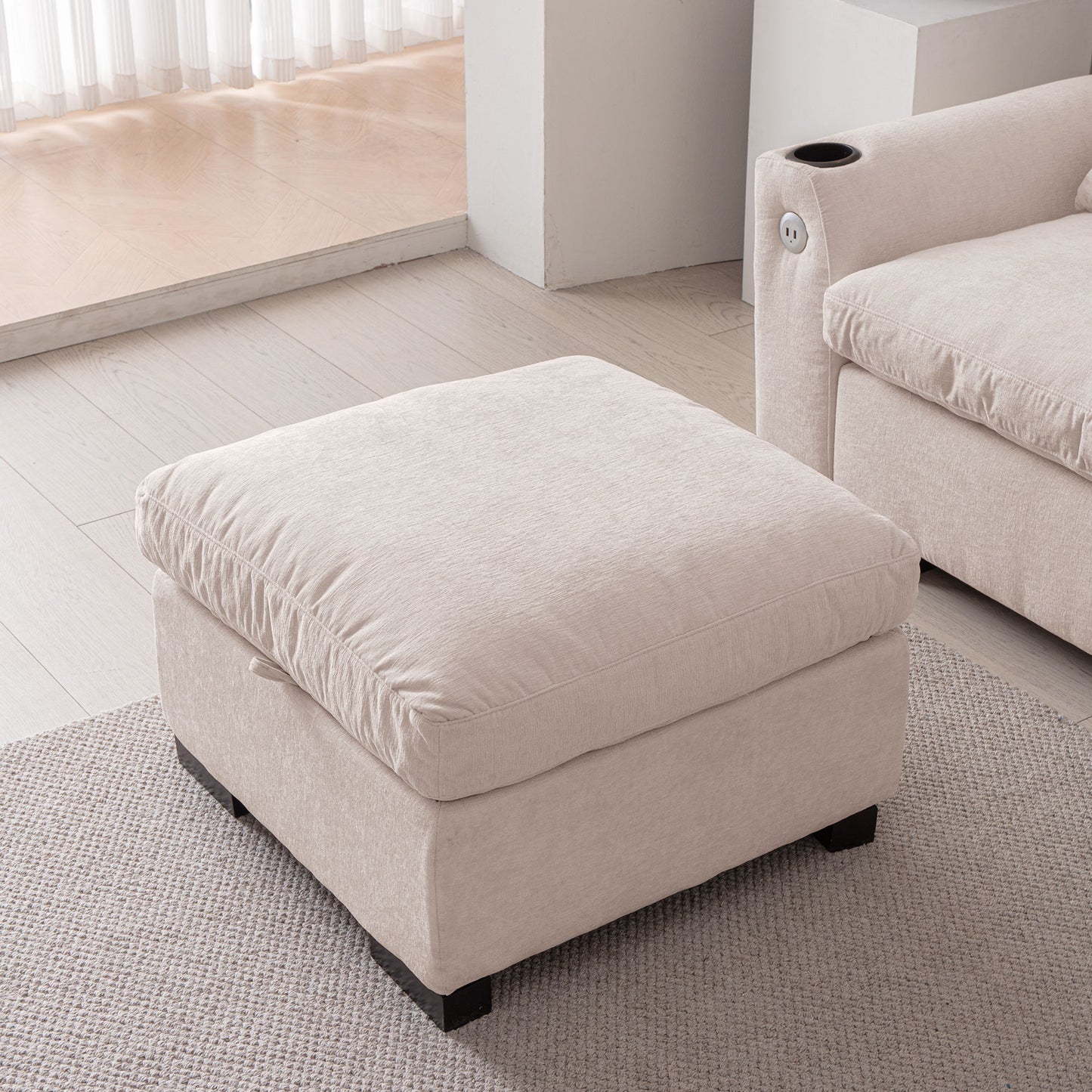 Modern Modular L Shaped Chenille Sofa Couch Reversible Ottoman With Storage Removable And Washable Cushions Sofa With USB Ports & Cup Holder For Living Room - Beige