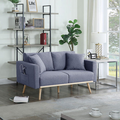 Easton - Linen Fabric Loveseat With USB Charging Ports Pockets And Pillows - Dark Gray