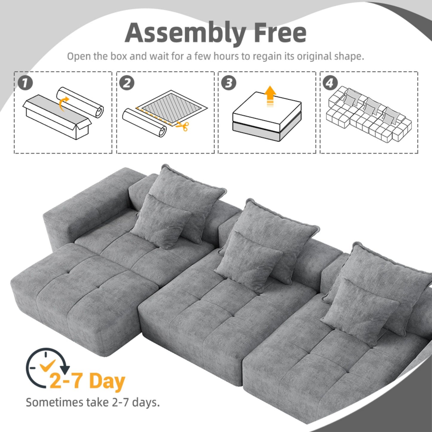 Modern Oversized Modular Sectional Sofa, Sparkling Fabric Soft Cushion Sofa With 6 Pillows, 6 Pieces Diy Combination Tufted Sofa, No Assembly Required - Gray