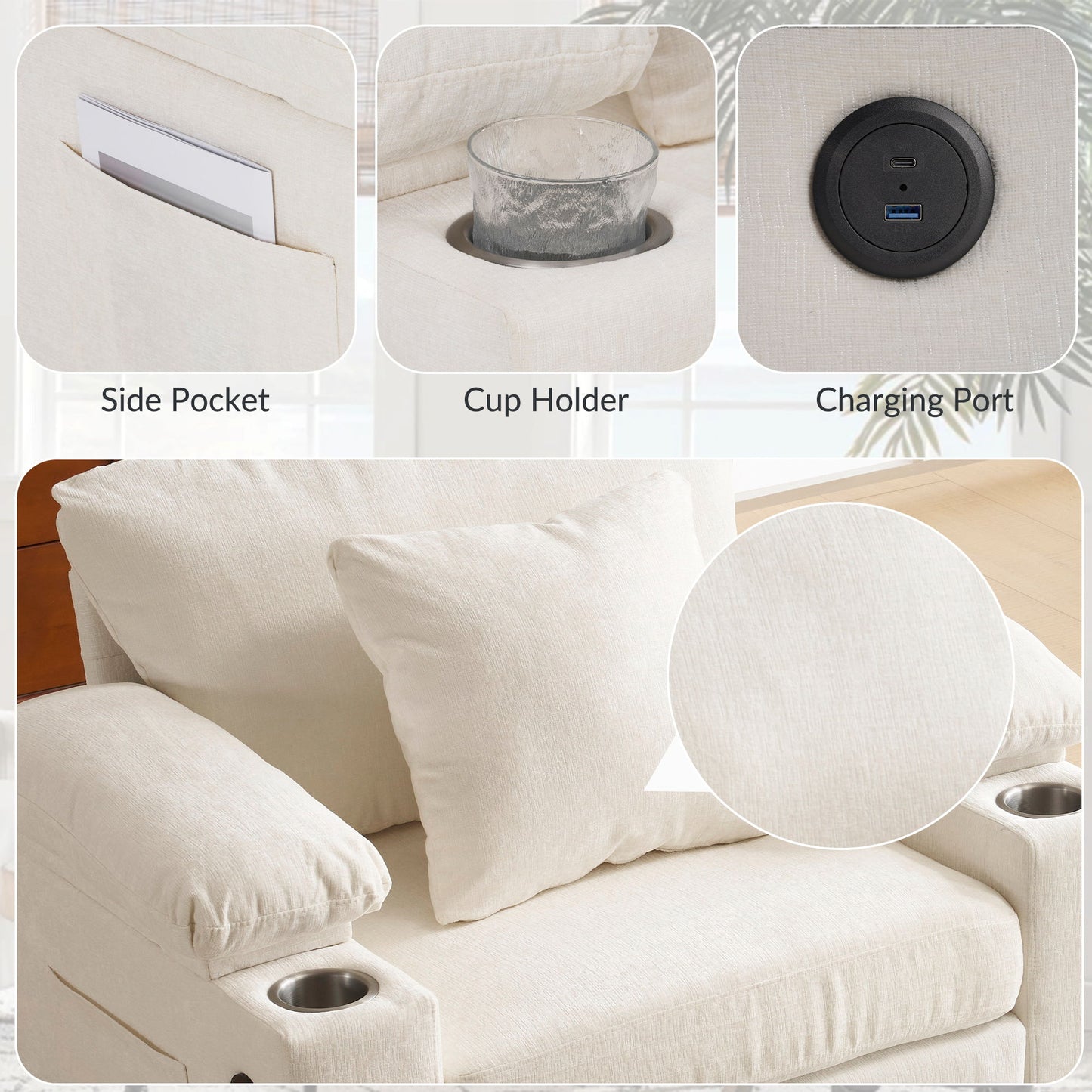 Modern Oversized Chair With Ottoman, Chenille Fabric Sofa Bed, Accent Chair Comfy Sofa With Cupholders And USB Charging Ports Chair For Living Room, Bedroom, Apartment - Beige