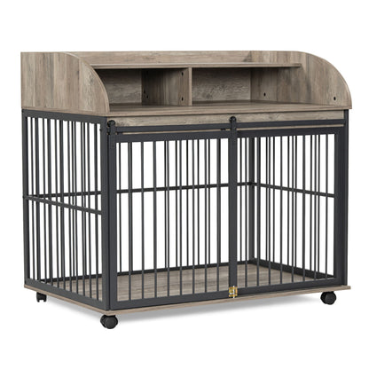 44'' Heavy Duty Large Dog Crate Furniture For Large Medium Dog With Lockable Wheels, Wooden Dog Crate Dog Kennel, End Table Crate With Double Layer Storage - Gray