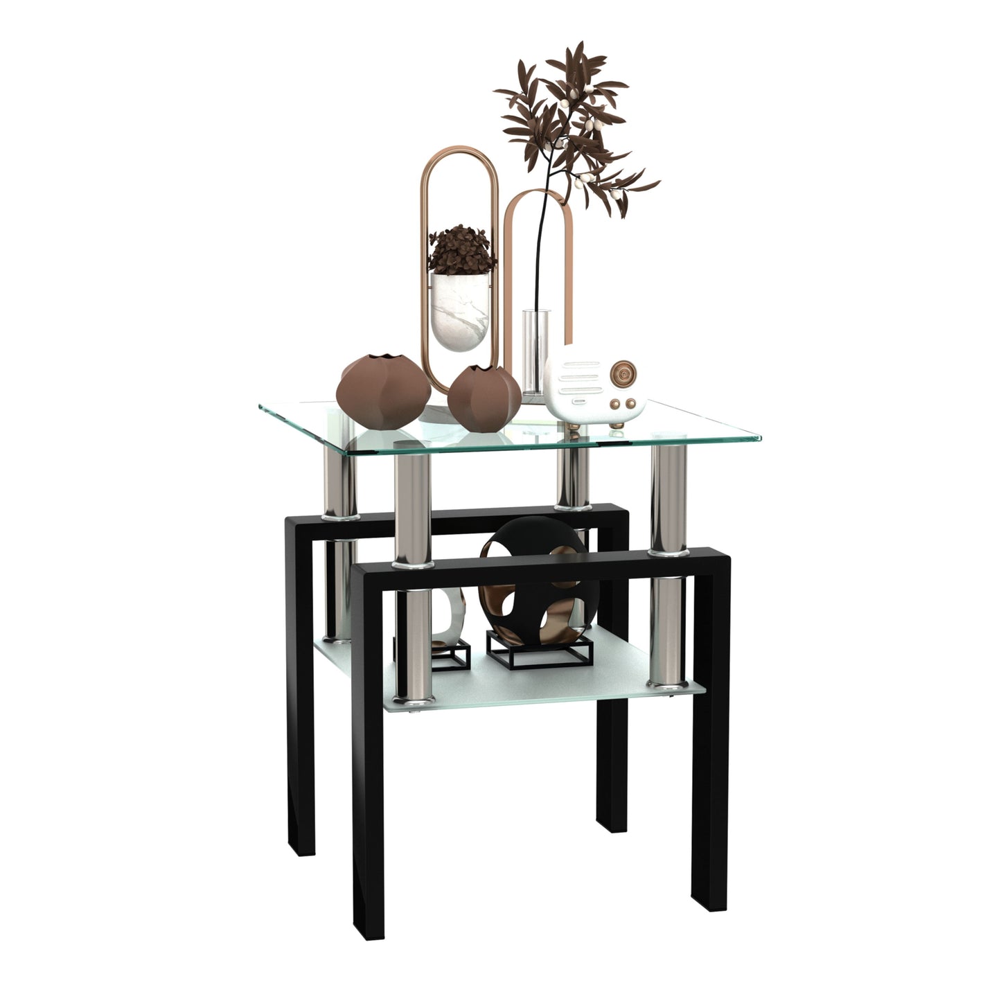 Modern Tempered Glass Tea Table, End Square Table For Living Room - Transparent / Black