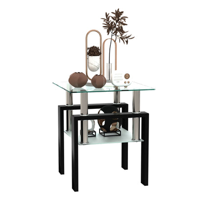Modern Tempered Glass Tea Table, End Square Table For Living Room - Transparent / Black