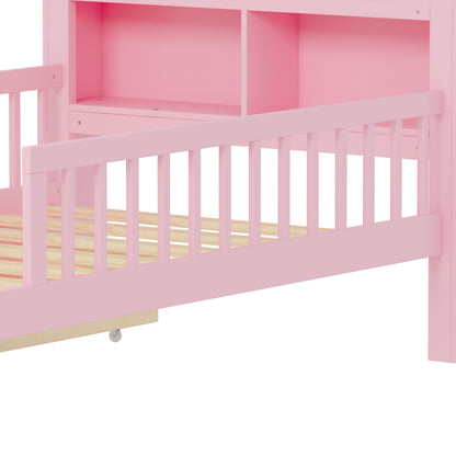 Twin Size Bed With Headboard Storage Rack, 2 Under Bed Drawers, 3 - Side Guardrails For Safety And Security - Pink