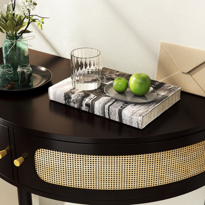 Boho Rattan Semi Circle End Table With Sliding Door, Elegant Wood Accent Table With Storage And Bottom Shelf - Black