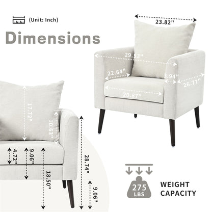 Modern Chenille Accent Chair, Upholstered Armchair For Living Room, Mid Century Fabric Lounge Chair With Pillow, Comfortable Reading Chair With Wood Legs For Living Room, Reception Room - Beige