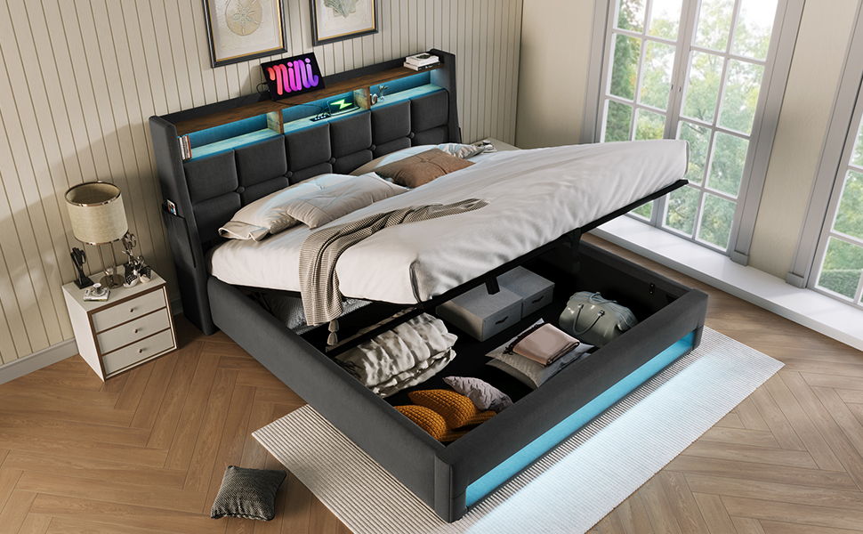 Queen Size Upholstered Platform Bed With A Hydraulic Storage System, LED And USB Charging (Without Mattress) - Gray