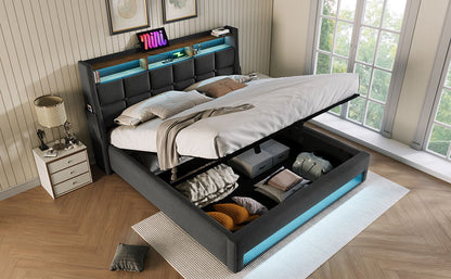 Queen Size Upholstered Platform Bed With A Hydraulic Storage System, LED And USB Charging (Without Mattress) - Gray