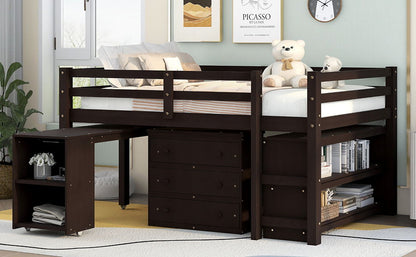 Full Loft Low Study Bed With Cabinet, Shelves And Rolling Portable Desk, Multiple Functions - Espresso