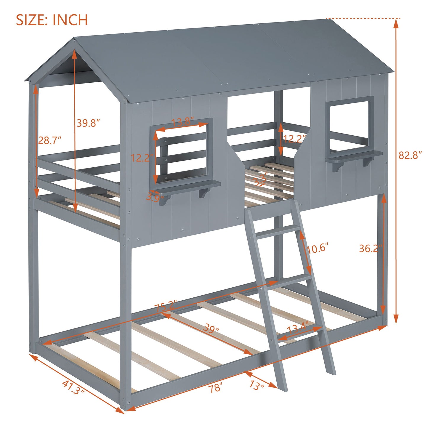 Twin Over Twin Bunk Bed With Roof, Window, Guardrail, Ladder - Gray