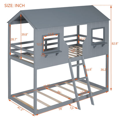 Twin Over Twin Bunk Bed With Roof, Window, Guardrail, Ladder - Gray