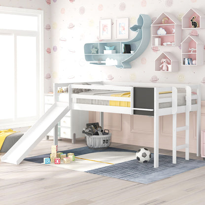 Twin Size Loft Bed With Slide, Stair And Chalkboard - White