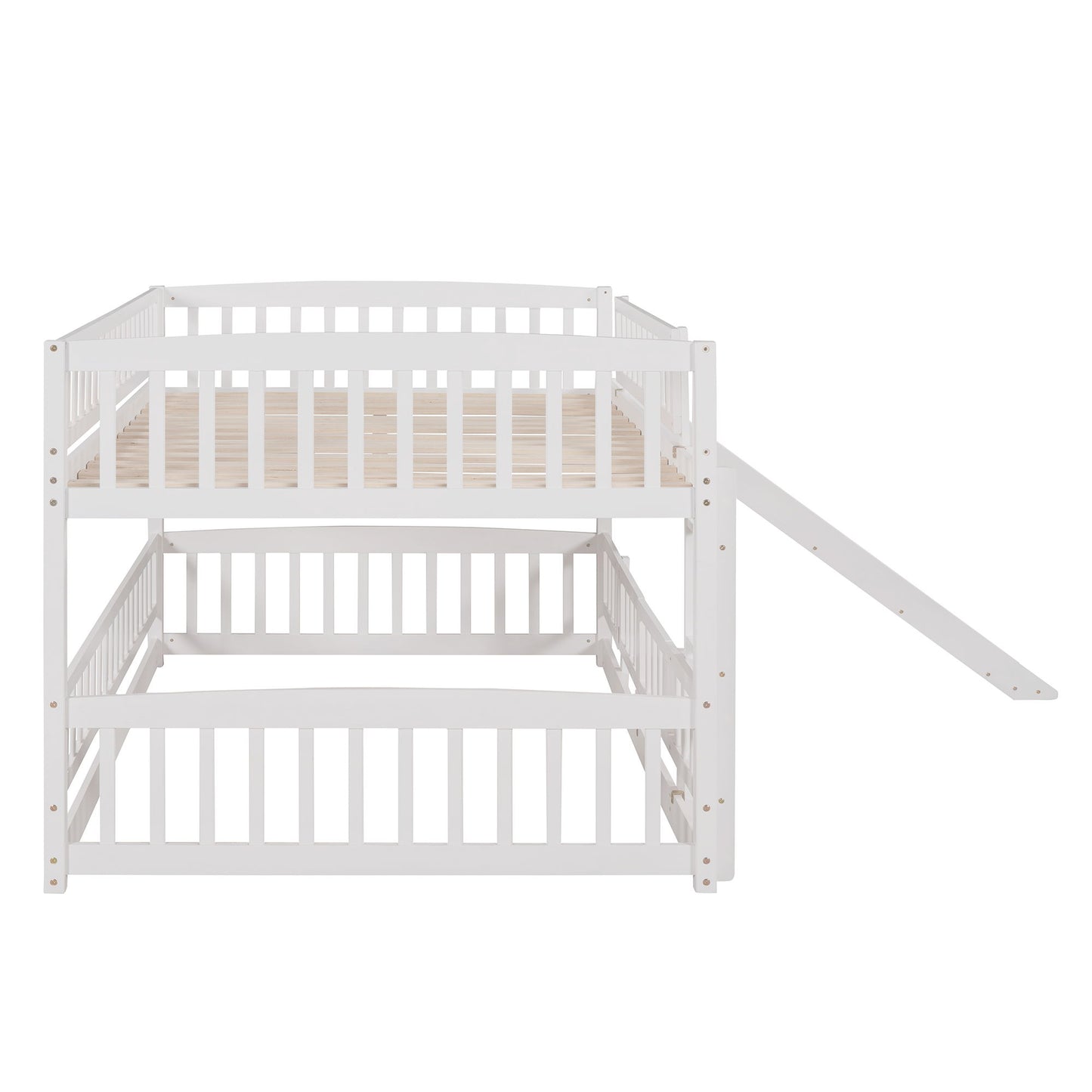Full Over Full Low Bunk Bed With Slide, Fence And Ladder For Toddler - White