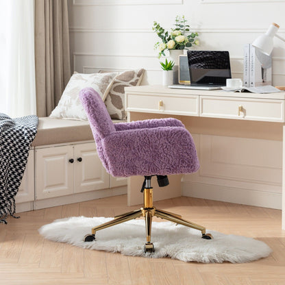 Office Chair, Artificial Rabbit Hair Home Office Chair With Golden Metal Base, Adjustable Desk Chair Swivel Office Chair, Vanity Chair - Violet