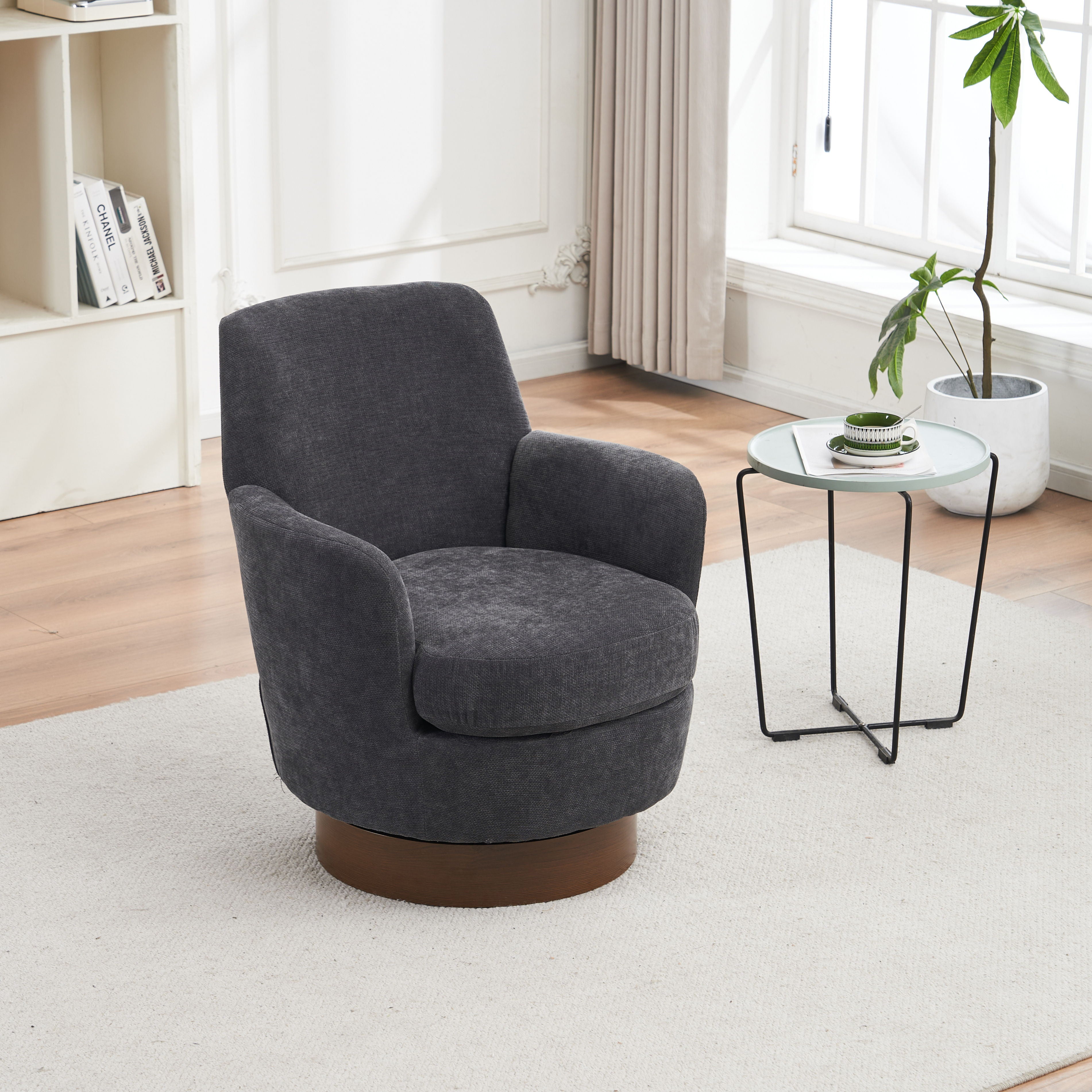 Swivel Barrel Chair, Swivel Accent Chairs Armchair For Living Room, Reading Chairs For Bedroom Comfy, Round Barrel Chairs With Gold Stainless Steel Base - Dark Gray