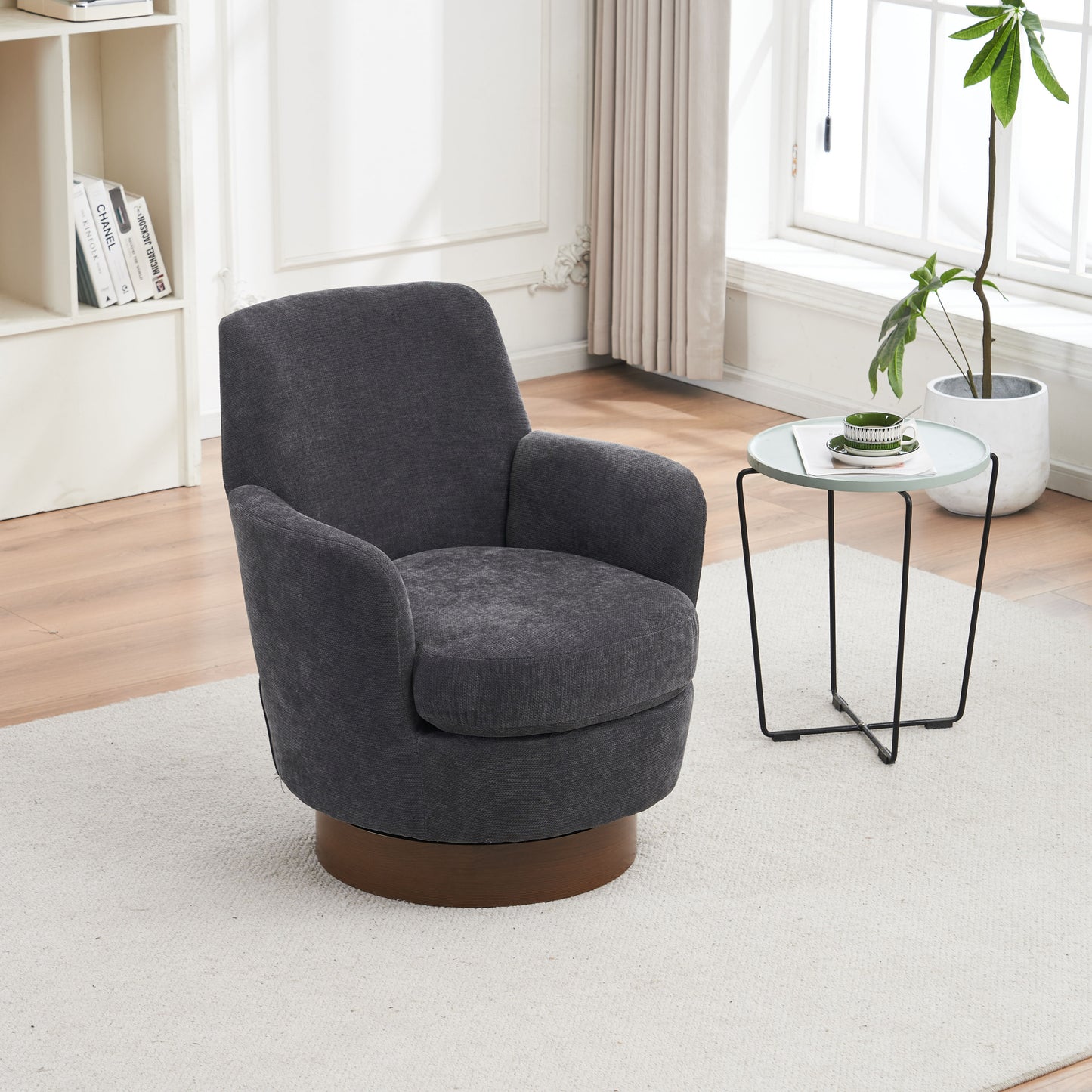 Swivel Barrel Chair, Swivel Accent Chairs Armchair For Living Room, Reading Chairs For Bedroom Comfy, Round Barrel Chairs With Gold Stainless Steel Base - Dark Gray