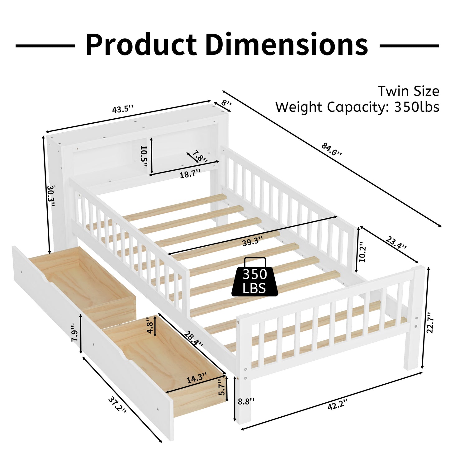Twin Size Bed With Headboard Storage Rack, 2 Under Bed Drawers, 3 - Side Guardrails For Safety And Security - White