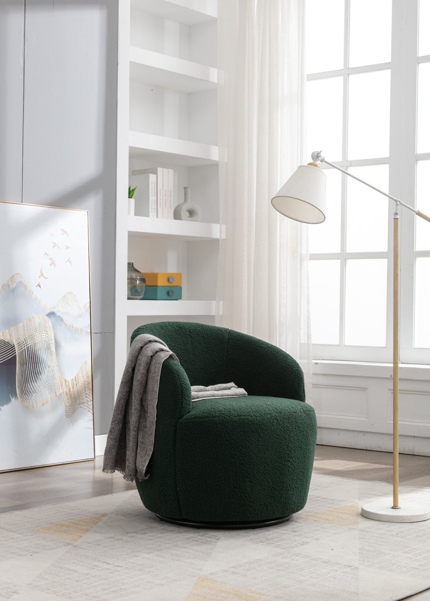 Teddy Fabric Swivel Accent Armchair Barrel Chair With Black Powder Coating Metal Ring - Dark Green