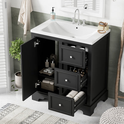Bathroom Vanity Cabinet With Ceramic Basin, 3 Drawers And Adjustable Shelves - Black