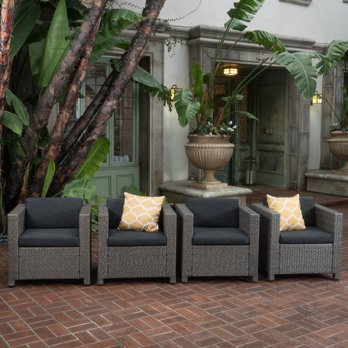 Outdoor Club Chair With Water Resistant Cushion And Square Arms (Set of 4) - Black