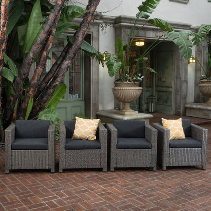 Outdoor Club Chair With Water Resistant Cushion And Square Arms (Set of 4) - Black