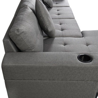 Sectional Sofa Set For Living Room With L Shape Chaise Lounge, Cup Holder And Left Or Right Hand Chaise Modern 4 Seat - Gray