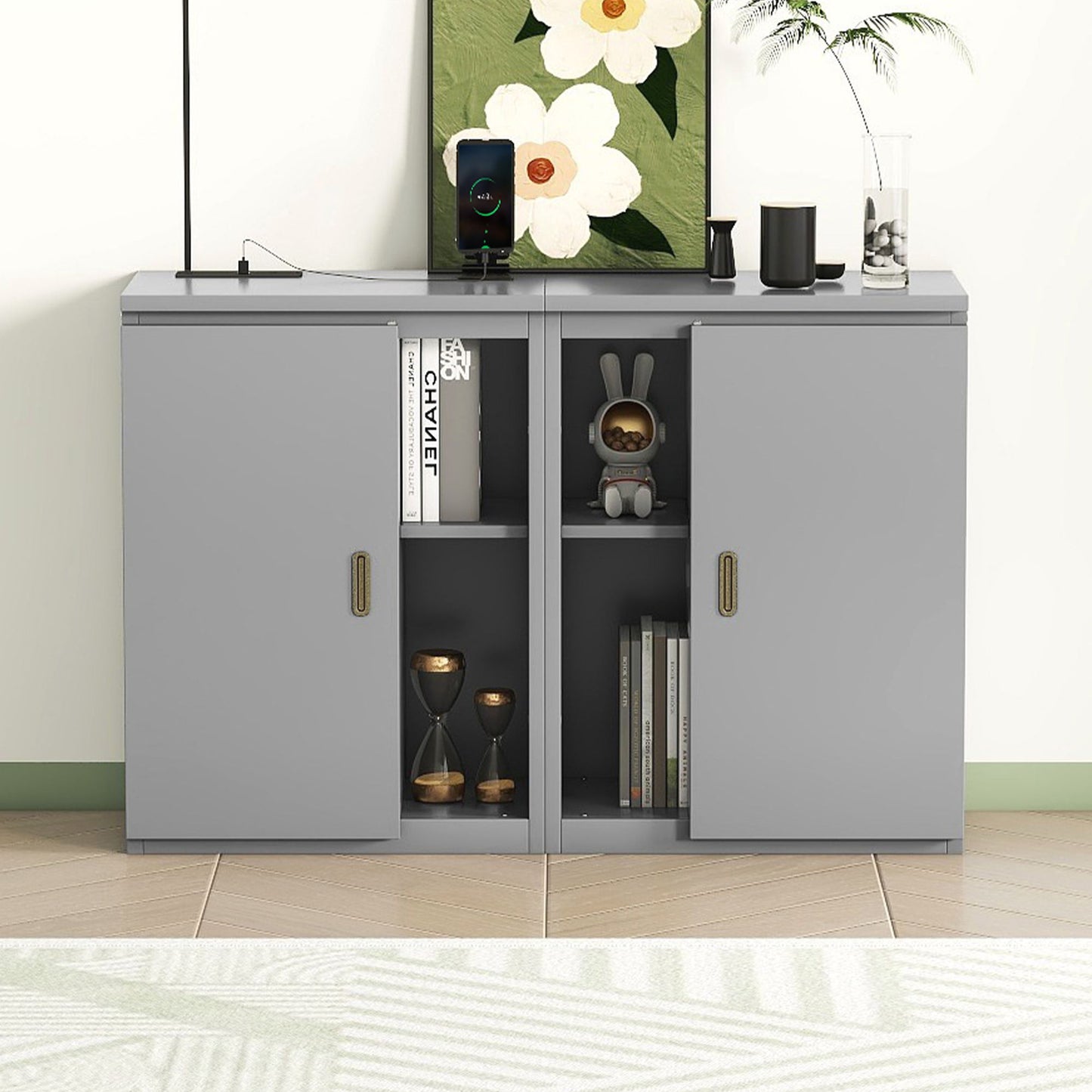 Queen Size Murphy Bed With Shelves, Cabinets And USB Ports - Gray