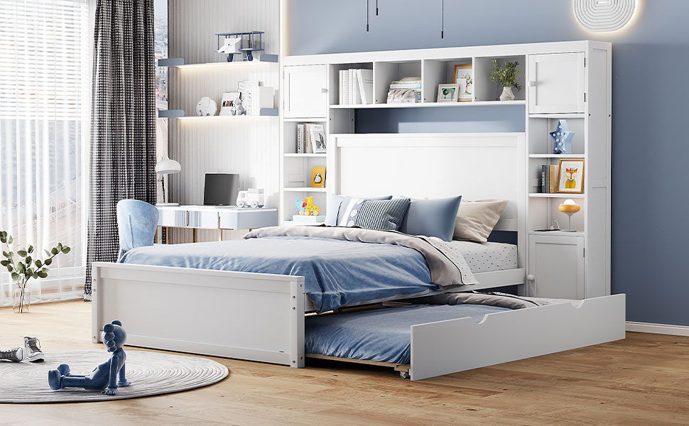 Full Size Bed With All In One Cabinet, Shelf And Sockets, Twin Size Trundle - White