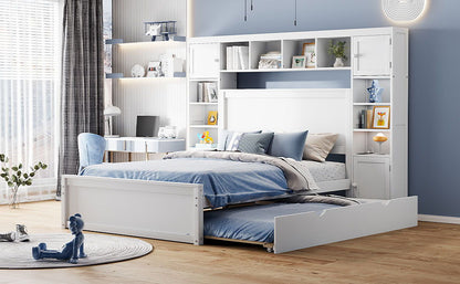 Full Size Bed With All In One Cabinet, Shelf And Sockets, Twin Size Trundle - White